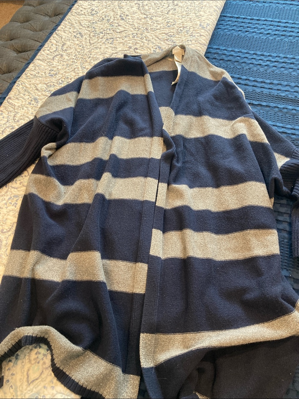 Chico's Navy and Silver Striped Open Cardigan
